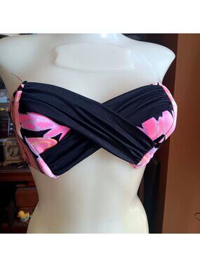 True Vintage Bandeau Bikini Top Size 9-10 Medium Womens Pink Black Floral Print